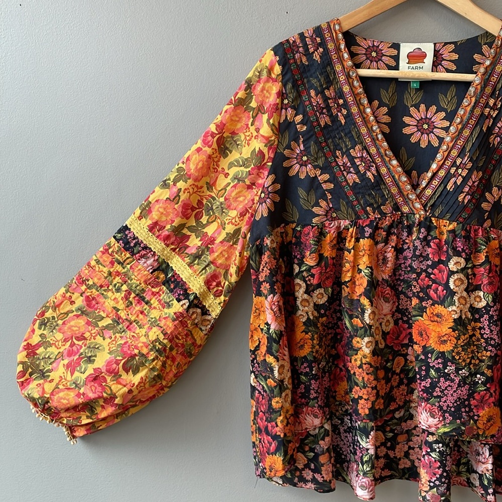 FARM Rio Floral V-Neck Peasant Blouse in Navy, Pink, Orange, Yellow - Picture 2 of 7